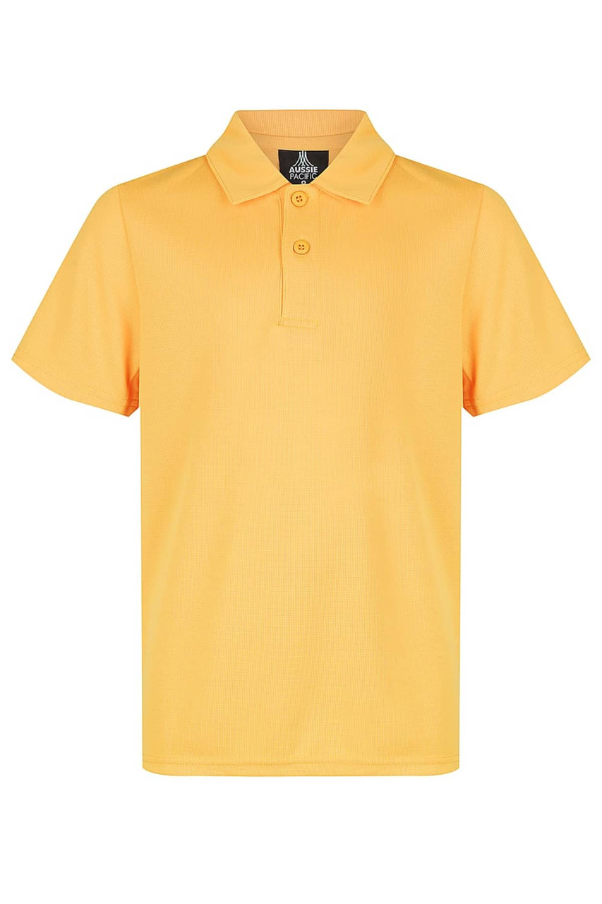 A yellow polo shirt featuring a collar and short sleeves, with a logo on the neck. Ideal for kids' sports uniforms.