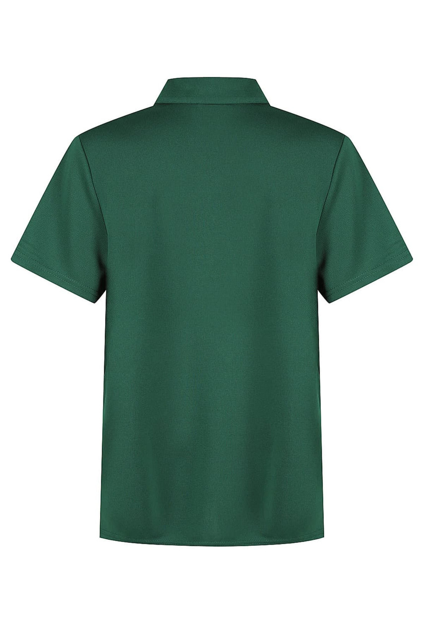 A green polo shirt with a collar, featuring a logo. The shirt has short sleeves and a smooth texture.