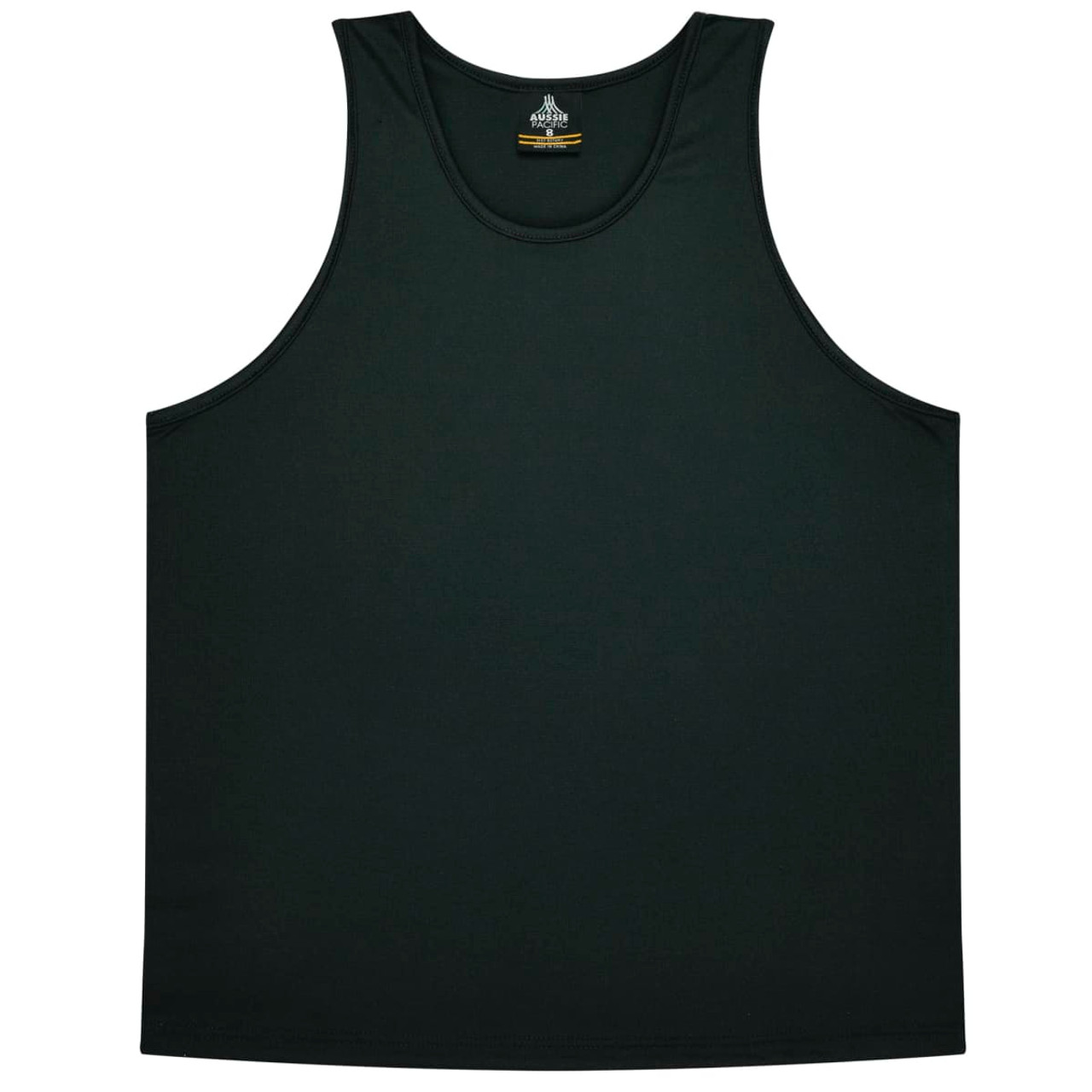 A dark green singlet top with a simple design and a logo on the interior label.