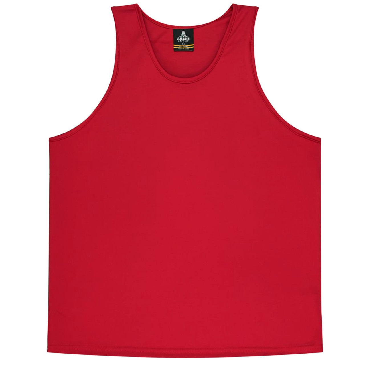 A red singlet featuring a logo, suitable for kids. The design is simple and without additional patterns.