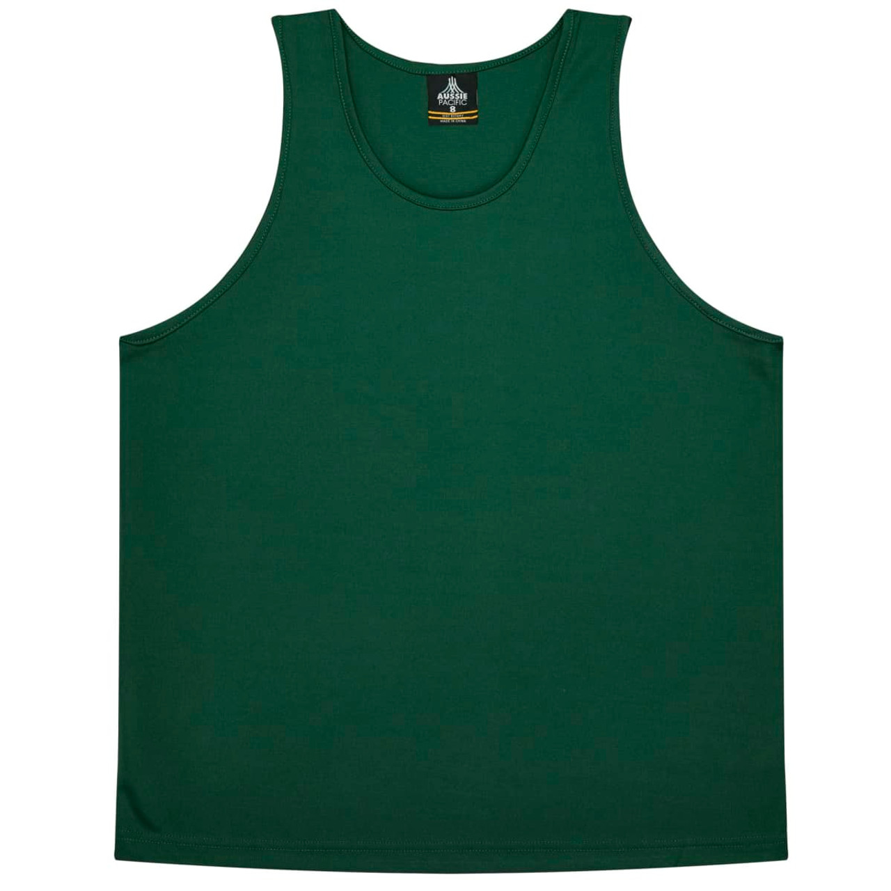 A green singlet top with a simple design and a logo on the label.