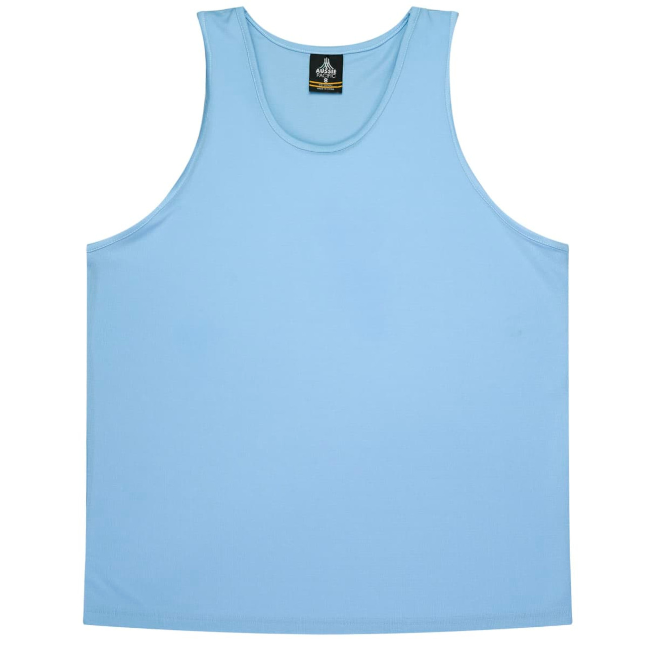 A light blue singlet with a simple design and a logo on the label.