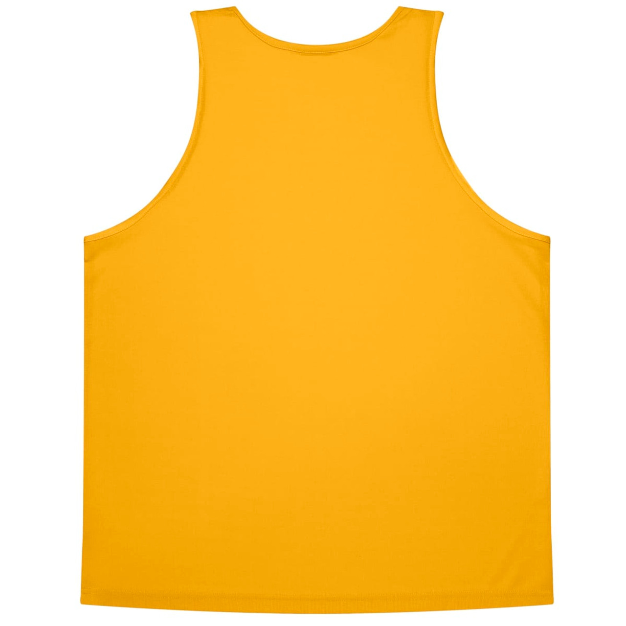 A yellow singlet featuring a simple, plain design with a logo on the back.