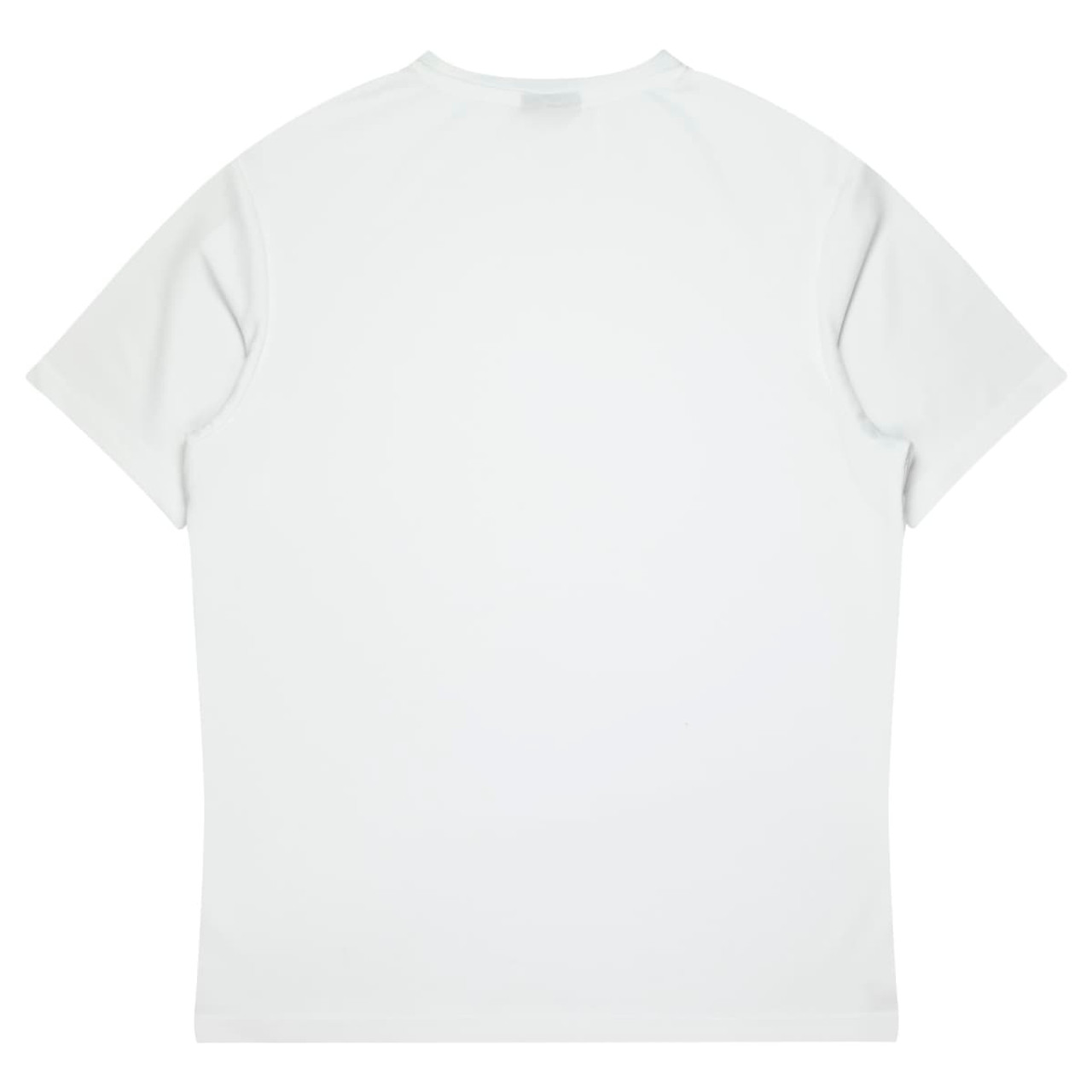A plain white T-shirt with short sleeves and a simple design, featuring a logo on the back.