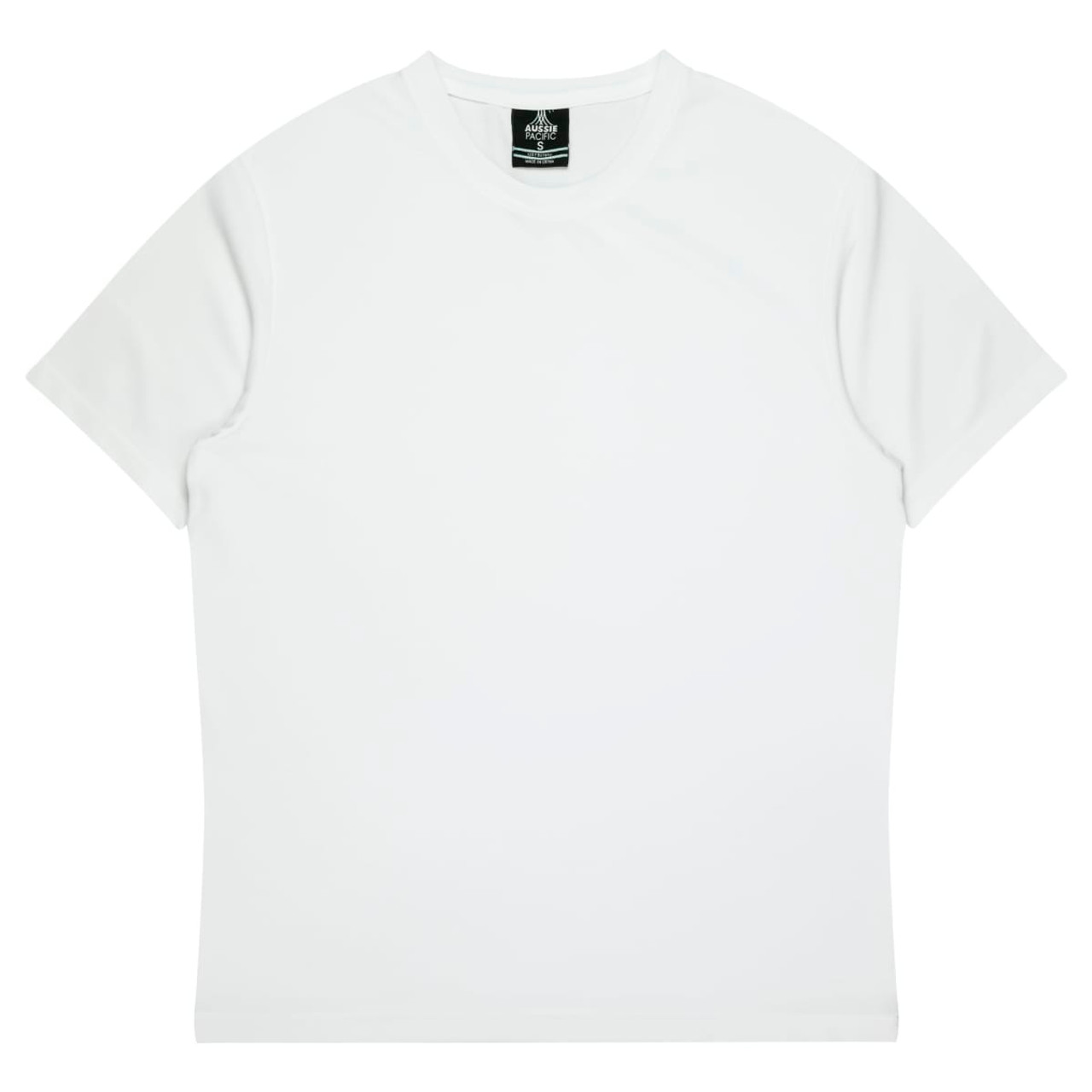 A white t-shirt with a simple design and a logo on the label. Short sleeves and a round neckline.