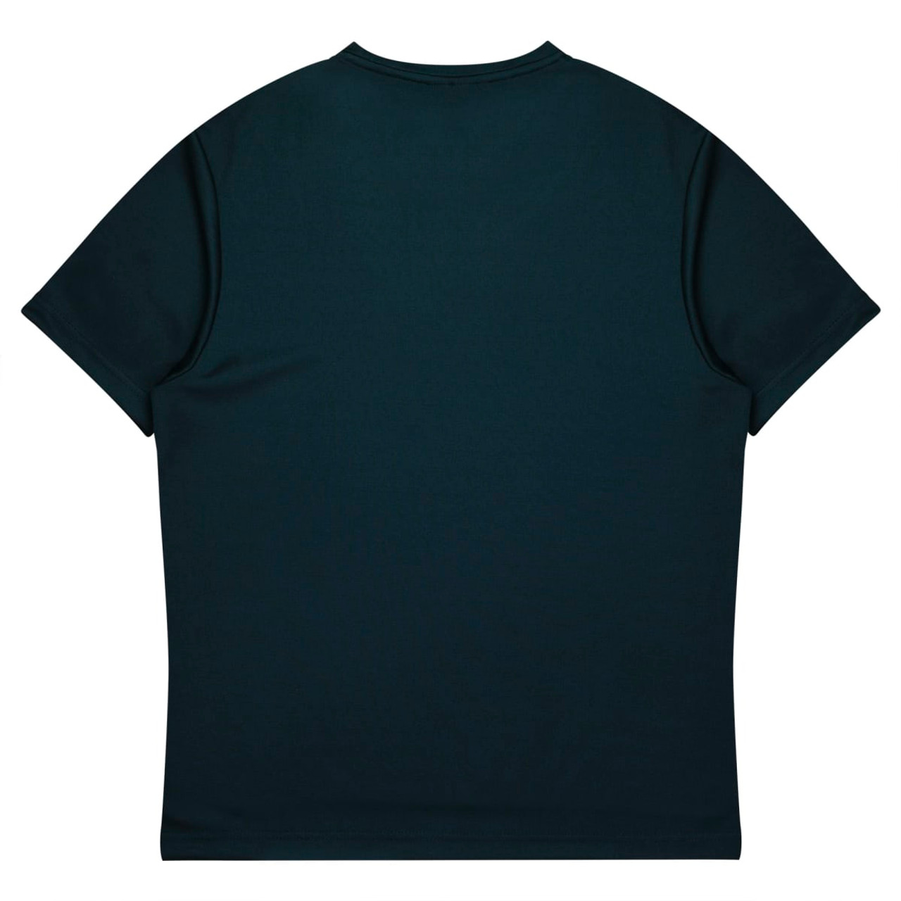 A dark green t-shirt with short sleeves and a crew neck, featuring a plain back design.