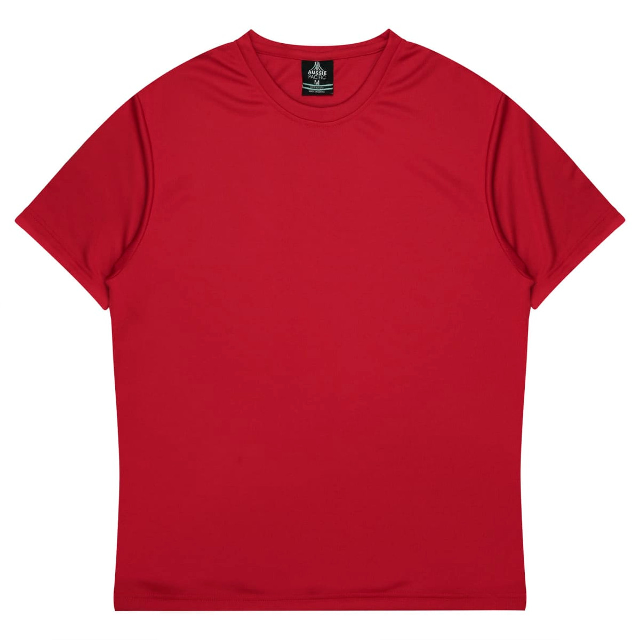 A red, short-sleeved T-shirt with a simple design and a label inside.
