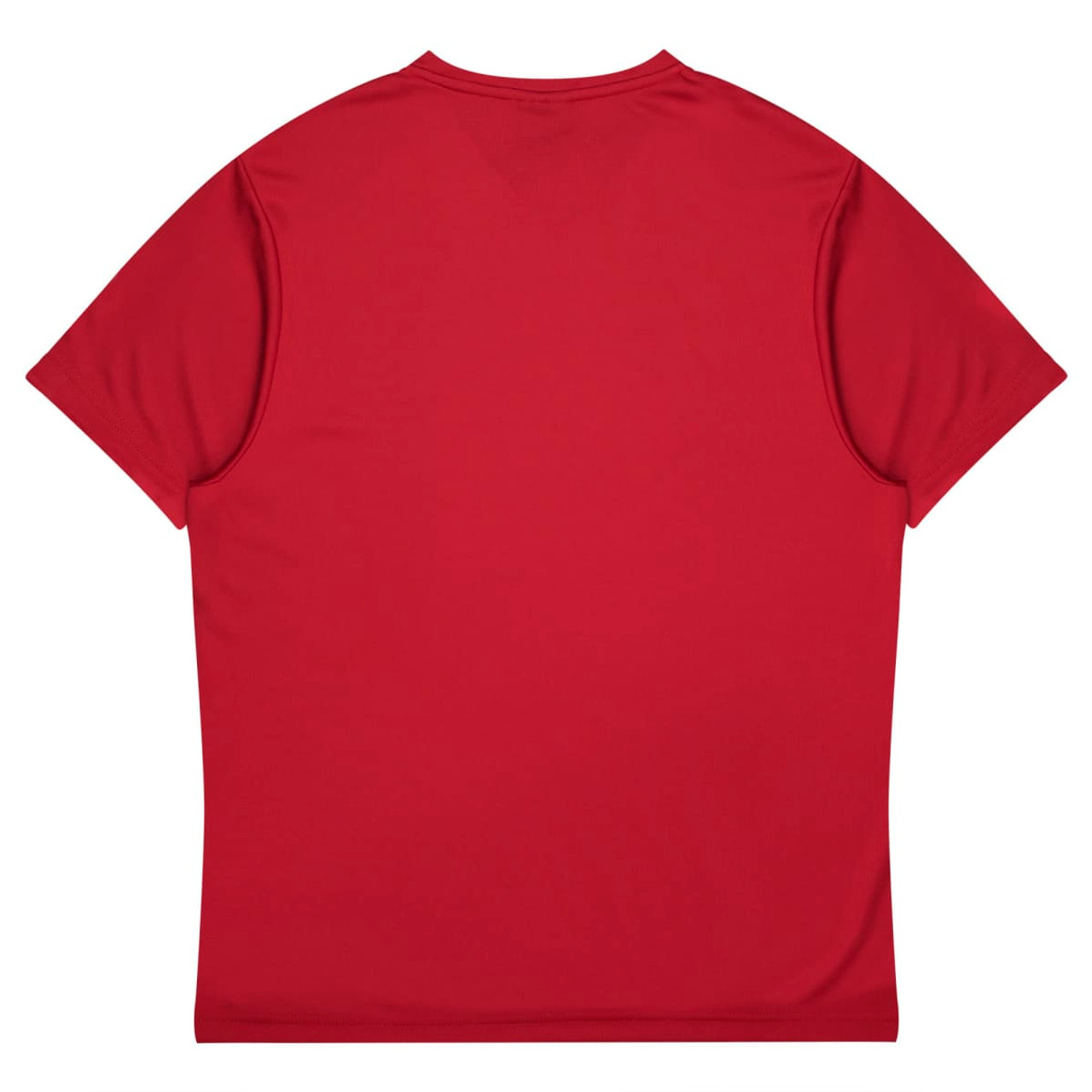 A plain red t-shirt with short sleeves and a smooth finish. The back view features no logos or designs.