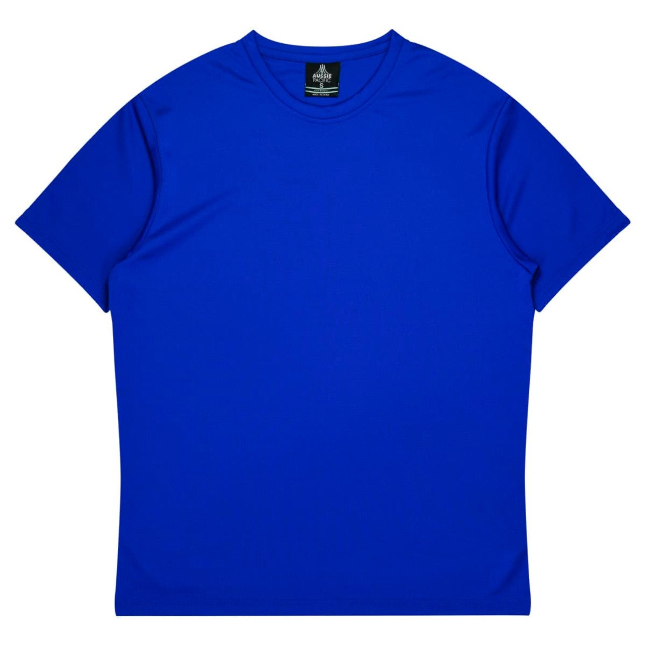 A blue t-shirt with short sleeves and a round neckline, featuring a brand logo.