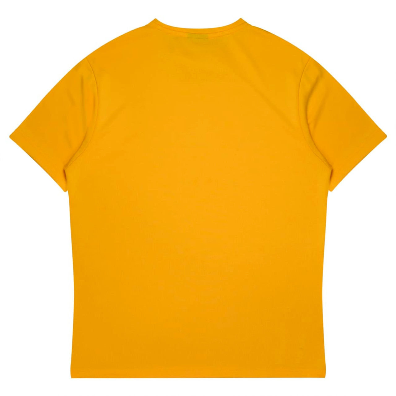 A yellow T-shirt with short sleeves and a plain back design. It features a logo at the neckline.
