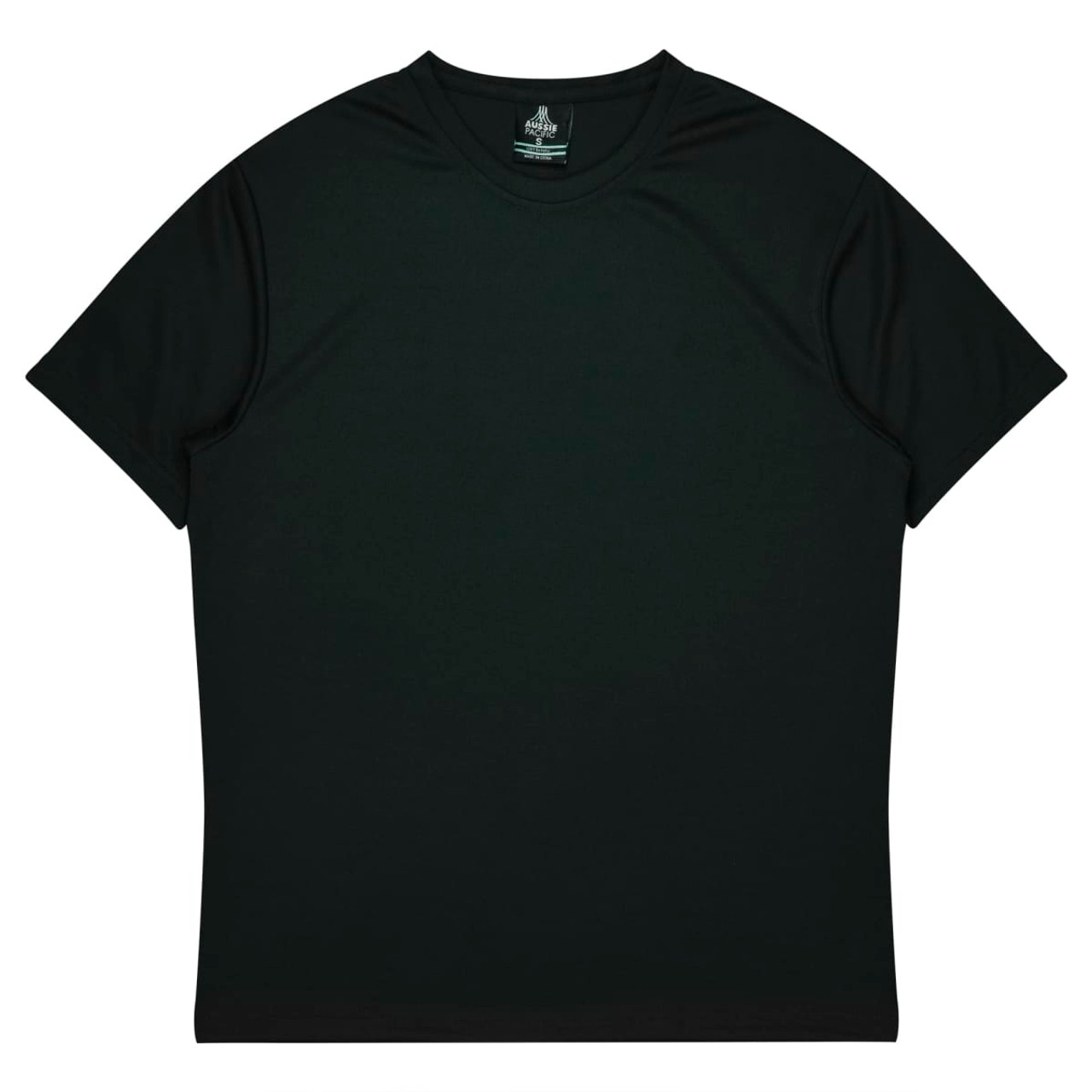 A dark green t-shirt with a rounded neckline and short sleeves. The shirt features a branded tag.