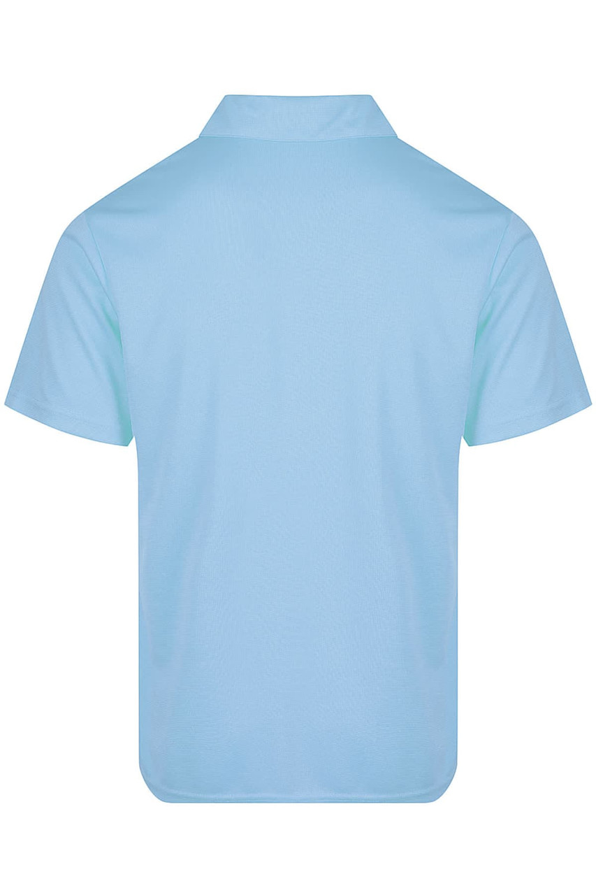 A light blue men's polo shirt featuring a classic design and a back view. Includes a branding logo.