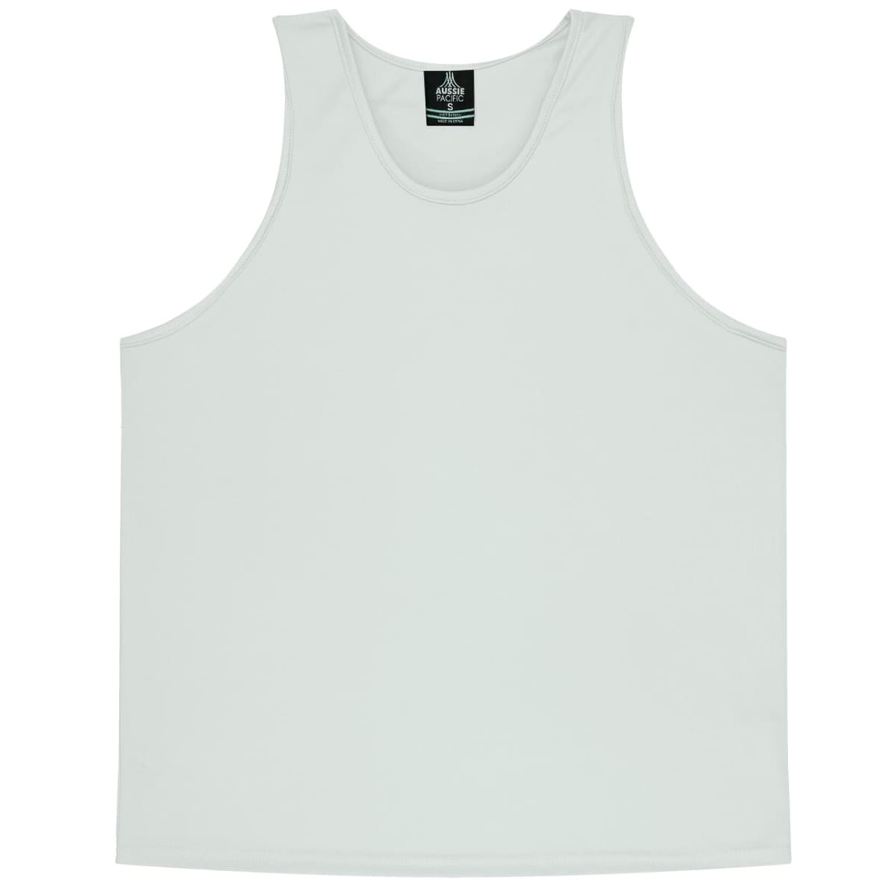 A light grey men's singlet with a plain design and a logo on the label.