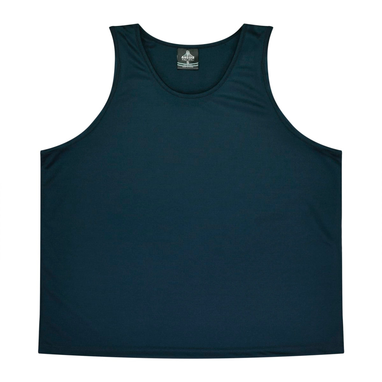 A dark navy men's singlet featuring a round neck and a tag at the collar, plain without any graphics.
