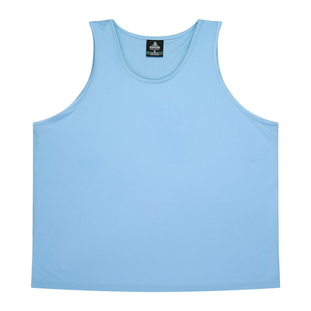A light blue men's singlet with a logo on the neckline, featuring a simple, sleeveless design.
