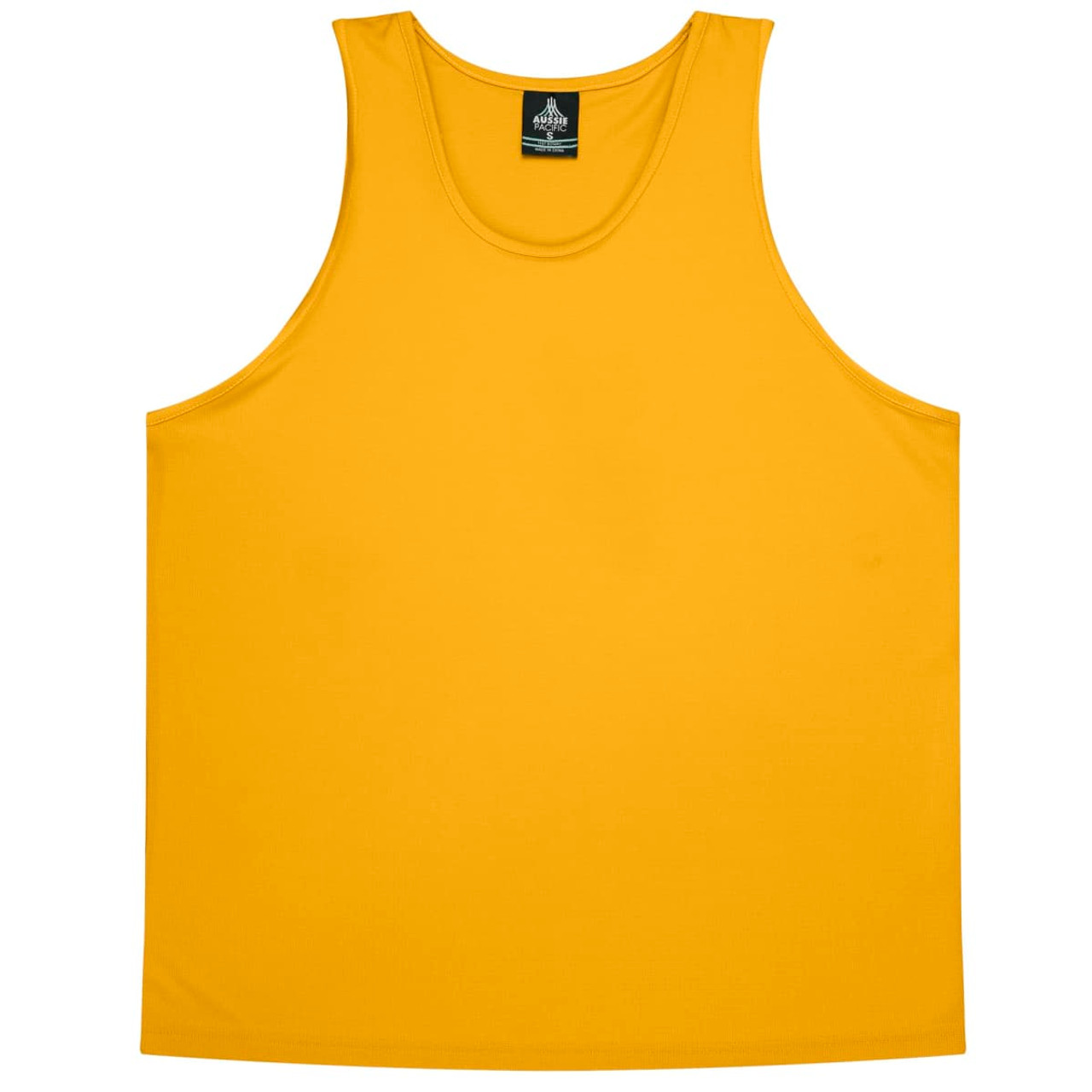 A yellow men's singlet featuring a round neckline and a branding label on the inside.