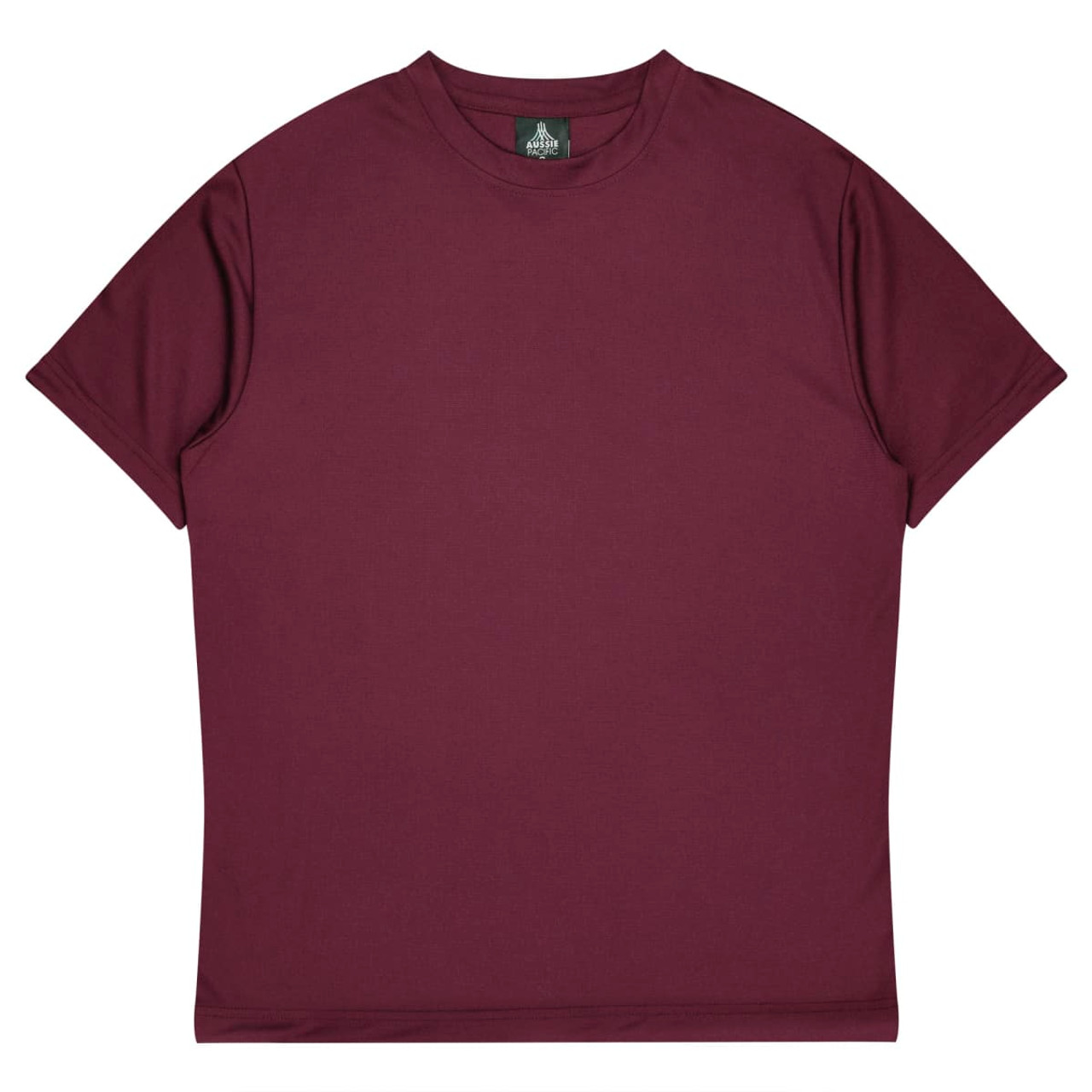 A burgundy T-shirt with short sleeves and a round neckline. It features a logo at the collar.