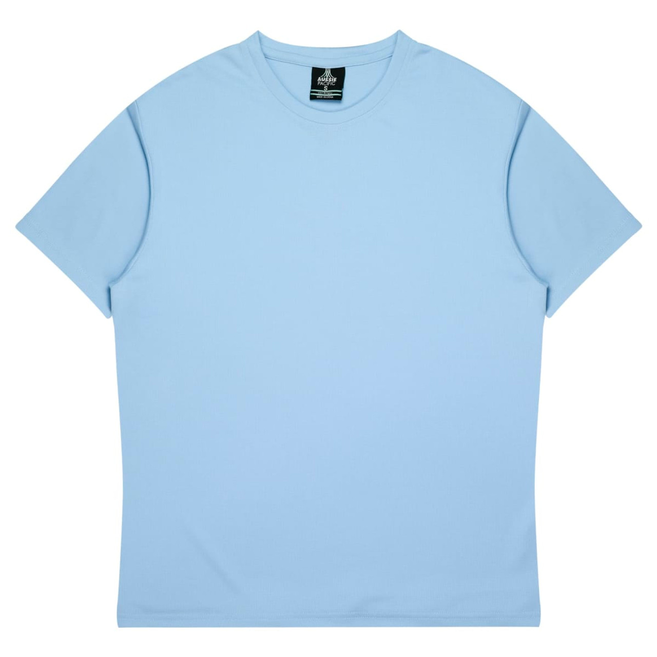 A light blue T-shirt featuring a simple design and a brand logo on the label.