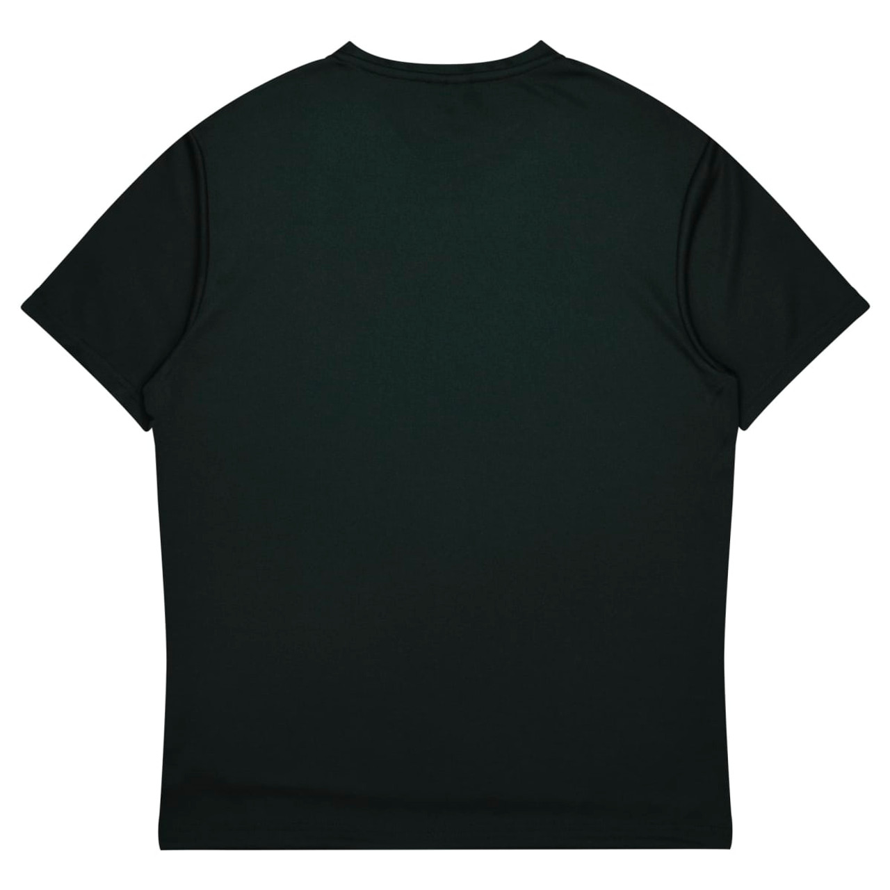 A dark green t-shirt with short sleeves and a straight cut back. The shirt features a branding logo.