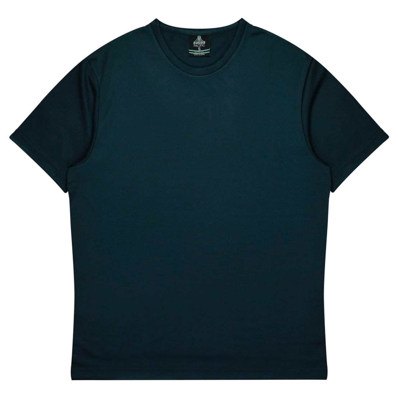 A dark green t-shirt featuring a round neckline and short sleeves, with a logo on the inside.