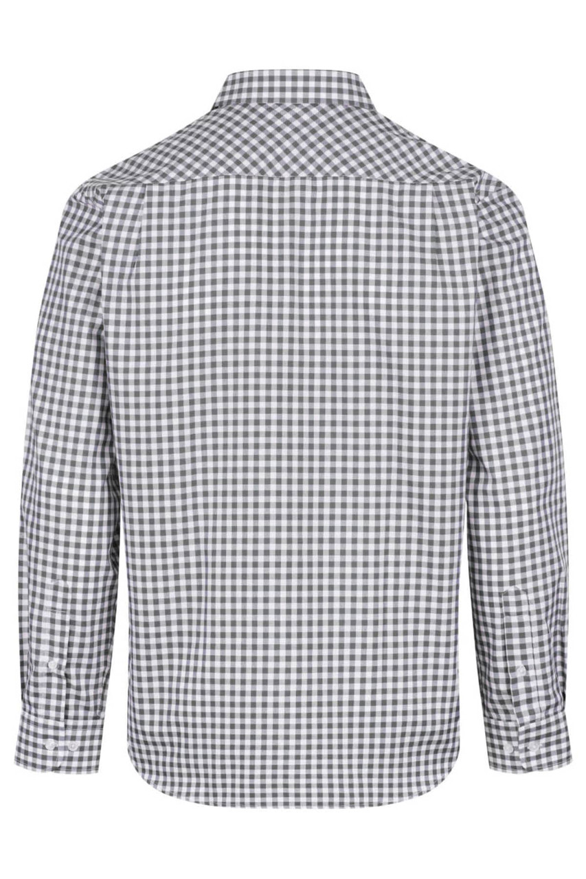 A long sleeve button-up shirt featuring a checkered pattern in grey and white, with a collar and cuffed sleeves.