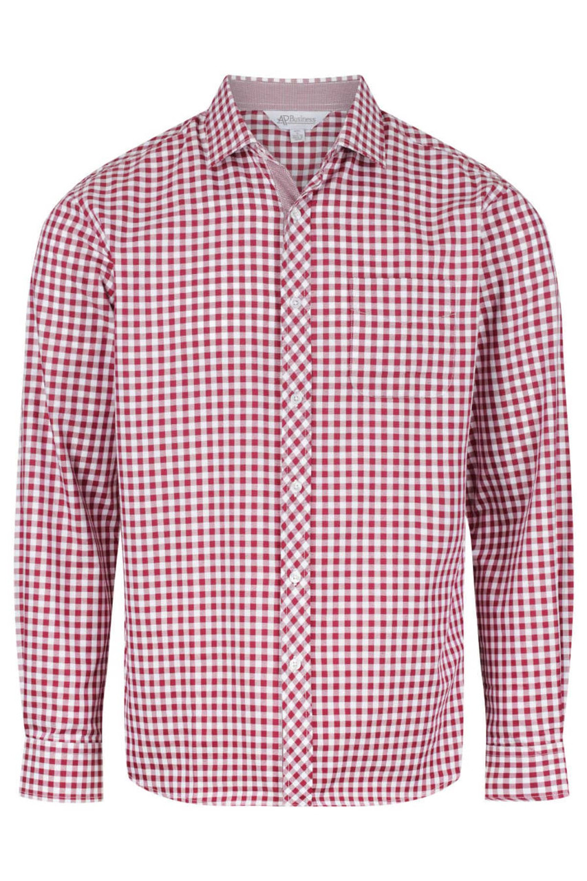A long sleeve button-up shirt in red and white gingham check, featuring a branded logo.