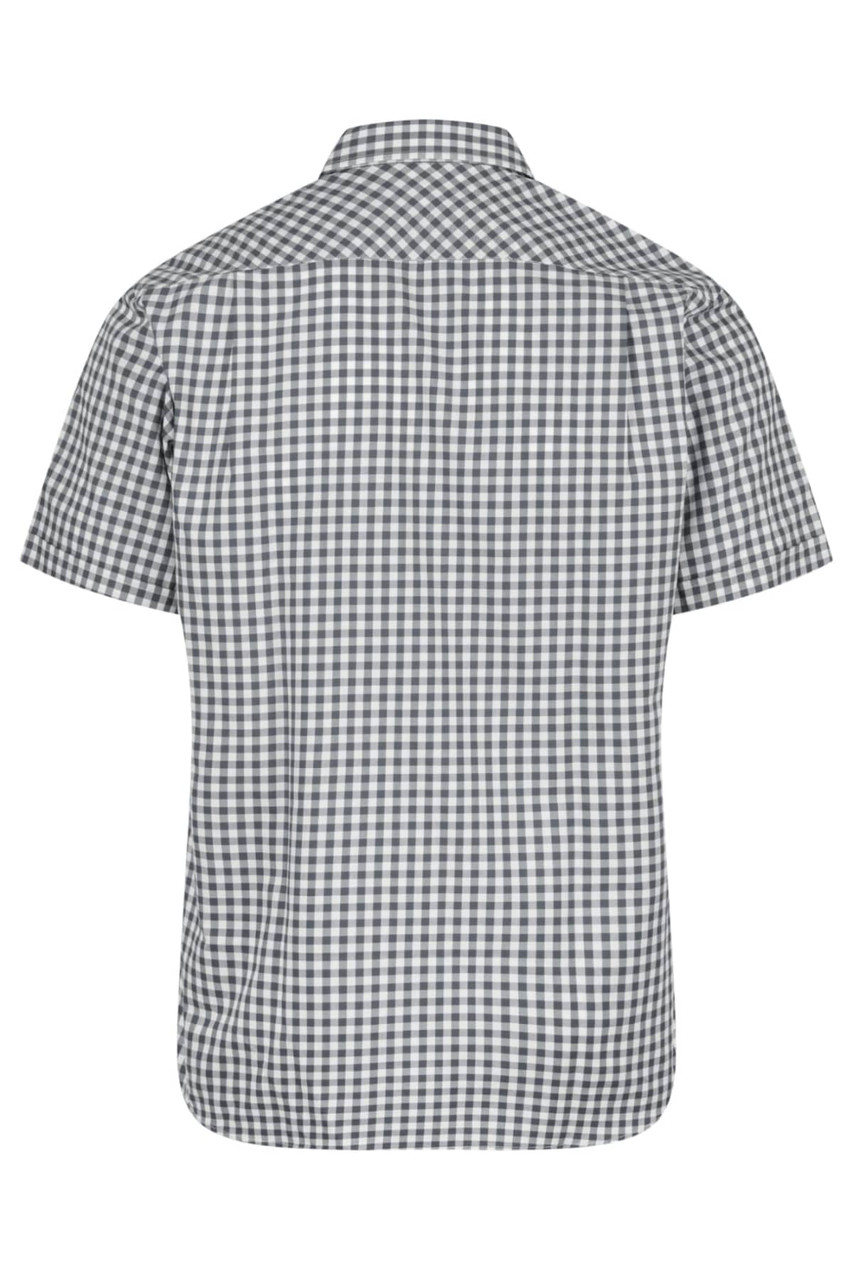 A short sleeve, button-up men's shirt in a grey and white checkered pattern, featuring a collar and no visible logo.