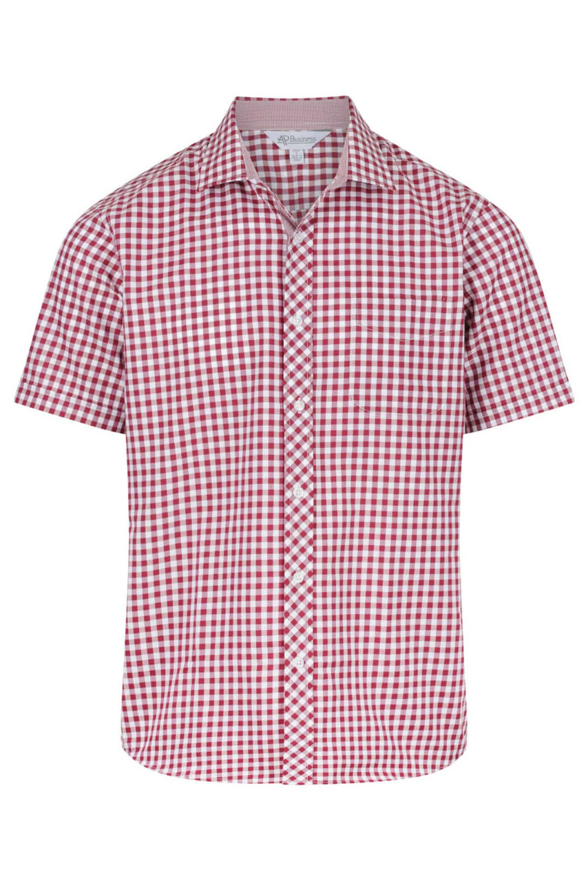 A short-sleeve button-up shirt features a red and white gingham check pattern and includes a logo.