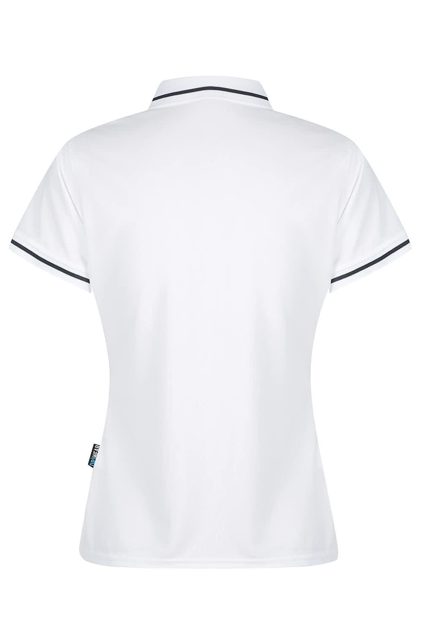 A white polo shirt featuring a classic design with contrasting trim and a logo.