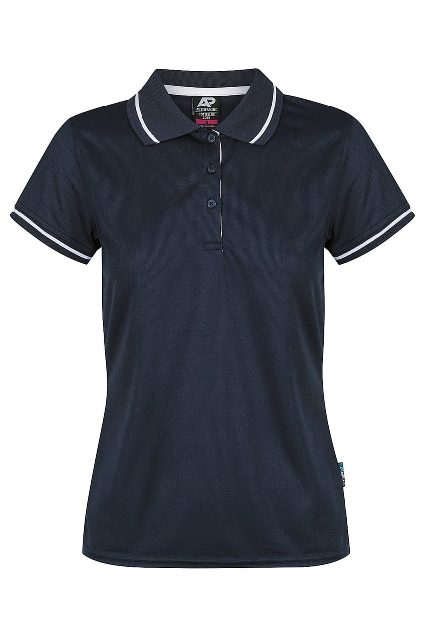 A navy blue women's polo shirt with a white-striped collar and button placket. It has a logo on the label.