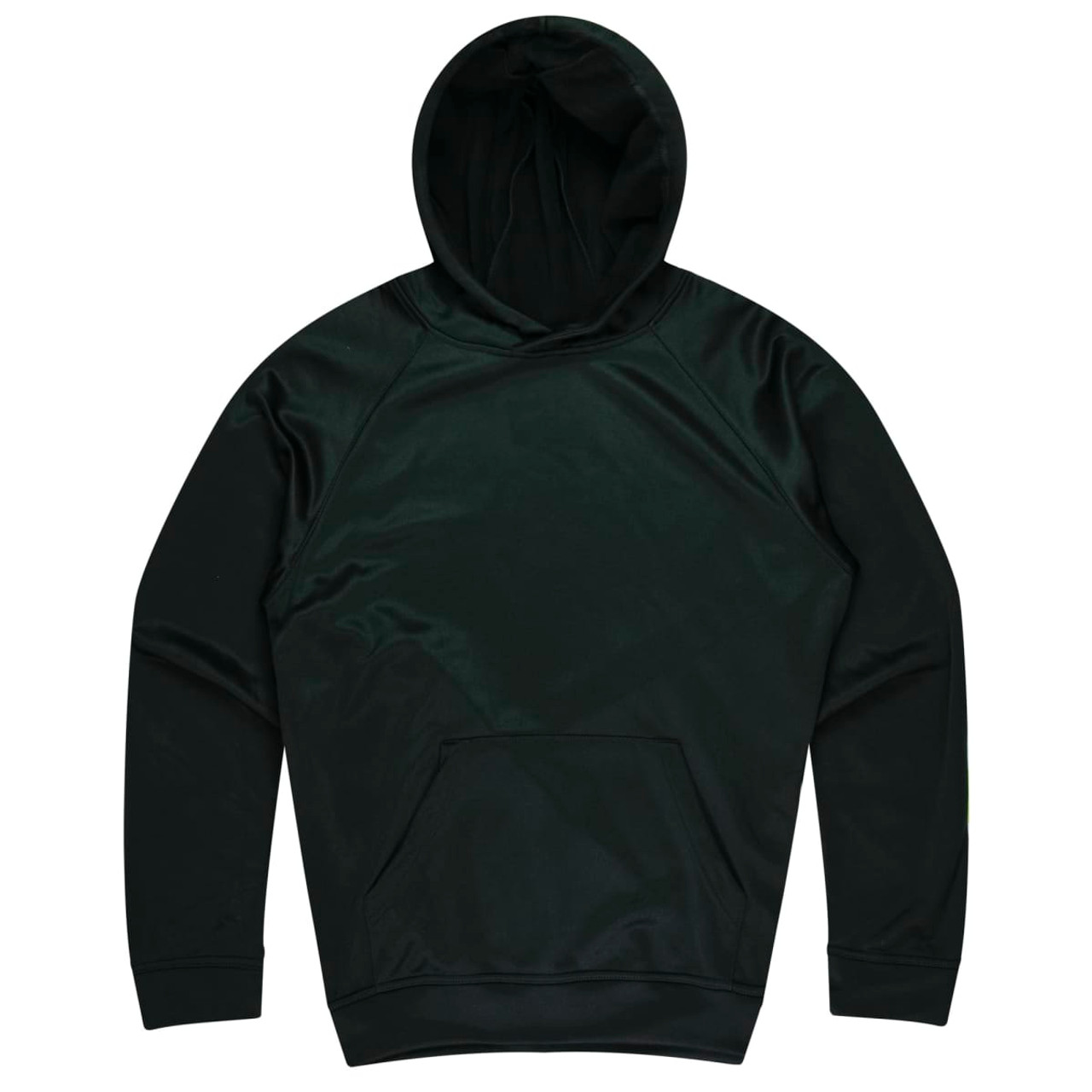 A dark green hoodie featuring a front pocket and a hood, suitable for kids. It has a logo.