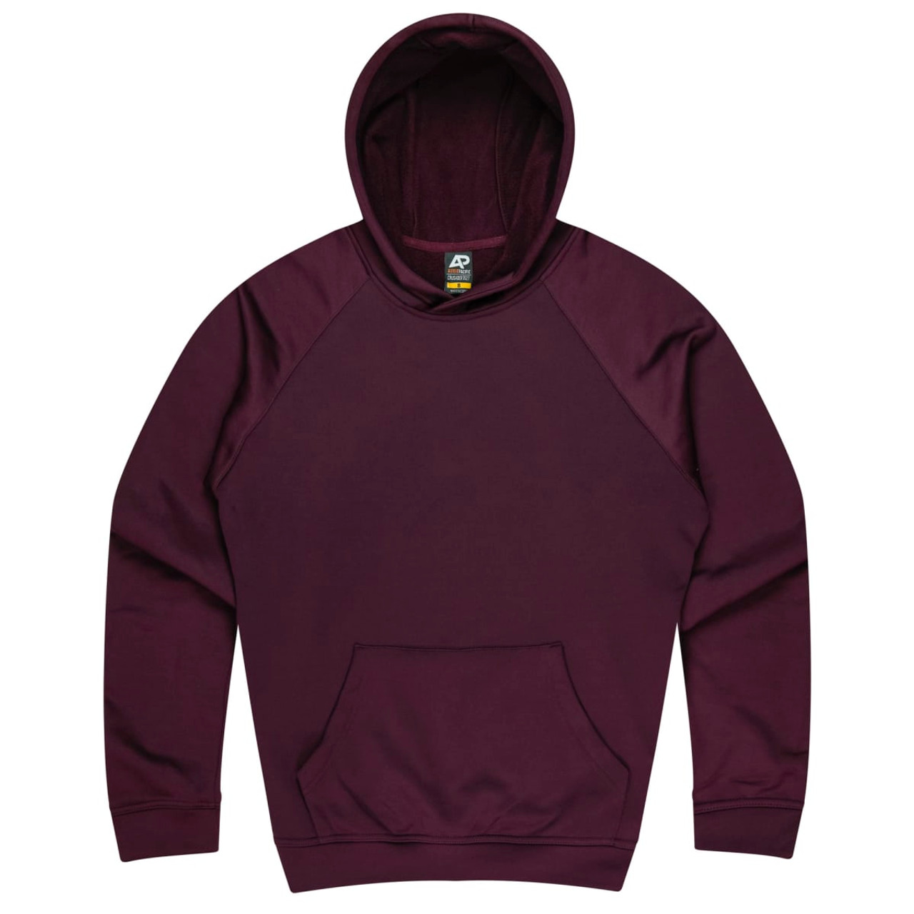 A maroon hoodie with a pocket and a hood, featuring a branding logo. Ideal for casual wear.