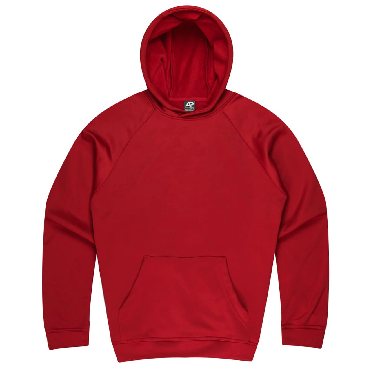 A red hoodie featuring a front pocket and a hood, with a logo on the neckline.