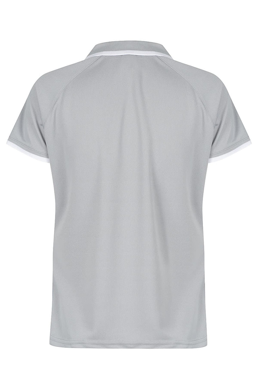 A grey polo shirt featuring a collar and short sleeves, with contrasting trim and a logo on the back.