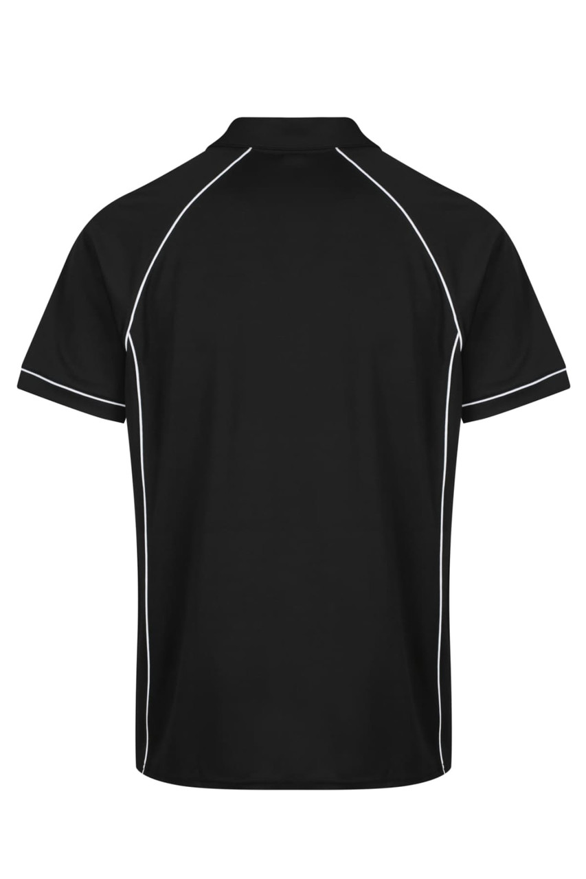A black polo shirt with contrasting white piping along the seams and a collar, featuring a logo.