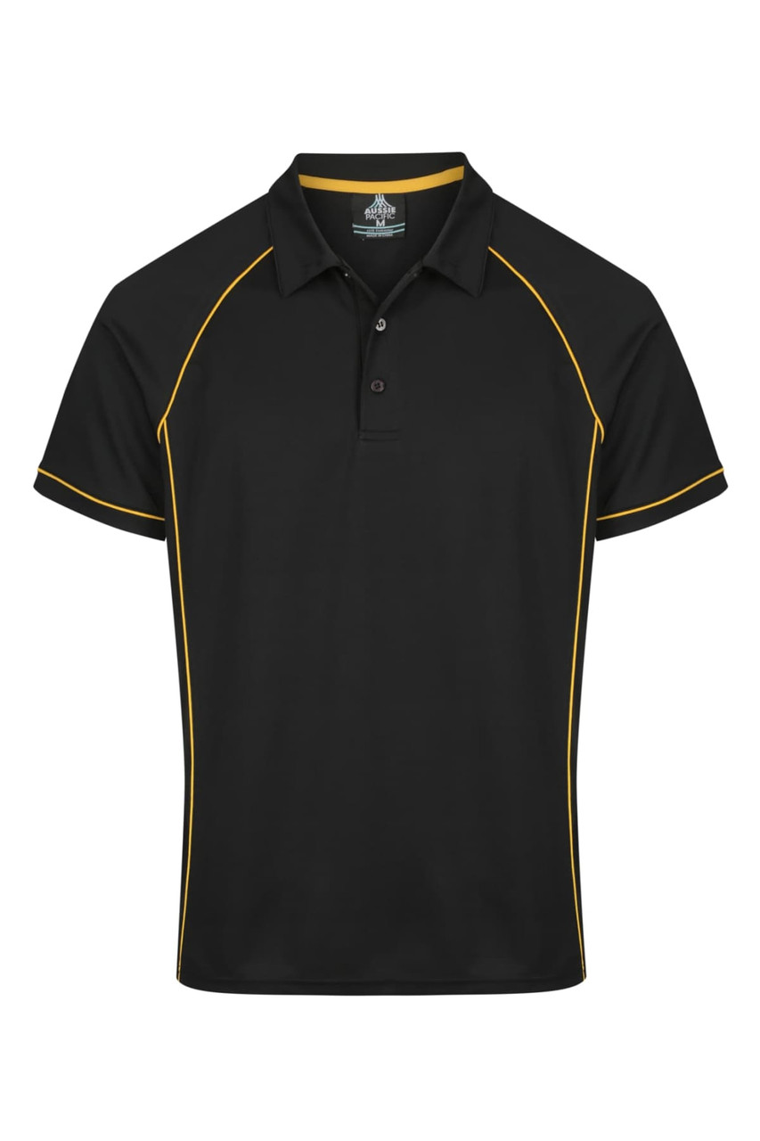 A black polo shirt featuring yellow piping and a collar, with three buttons and a logo on the chest.