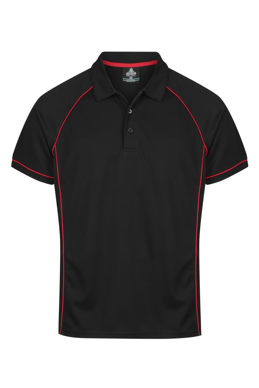 A black polo shirt with red piping and a collar. It features a logo on the chest area.