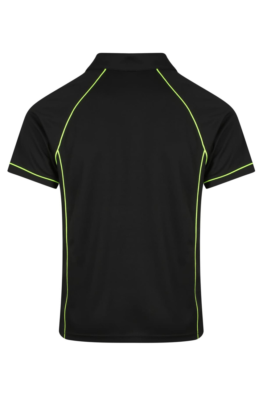 A black polo shirt featuring contrasting neon green piping and a logo. Designed with a classic collar and short sleeves.