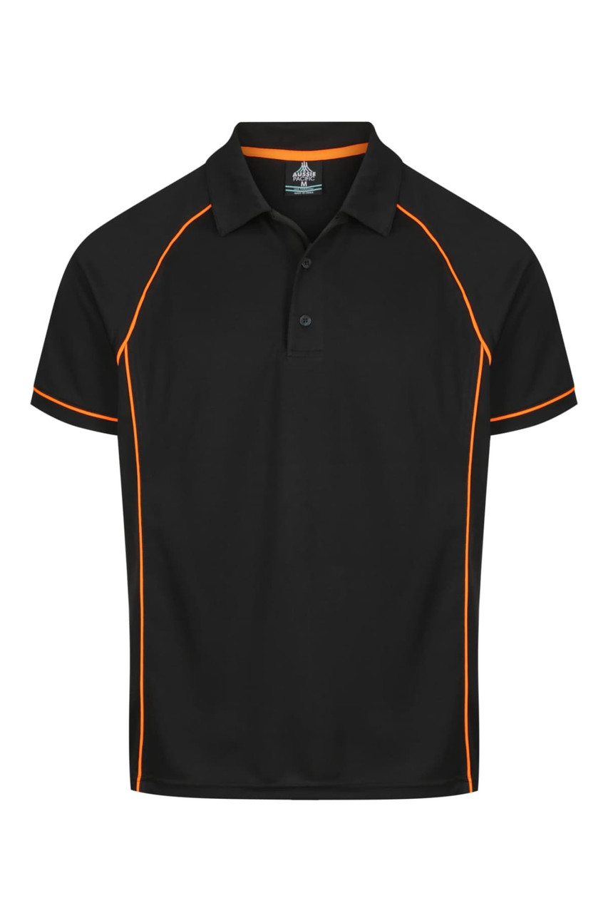 A black polo shirt featuring orange piping and a logo on the collar.