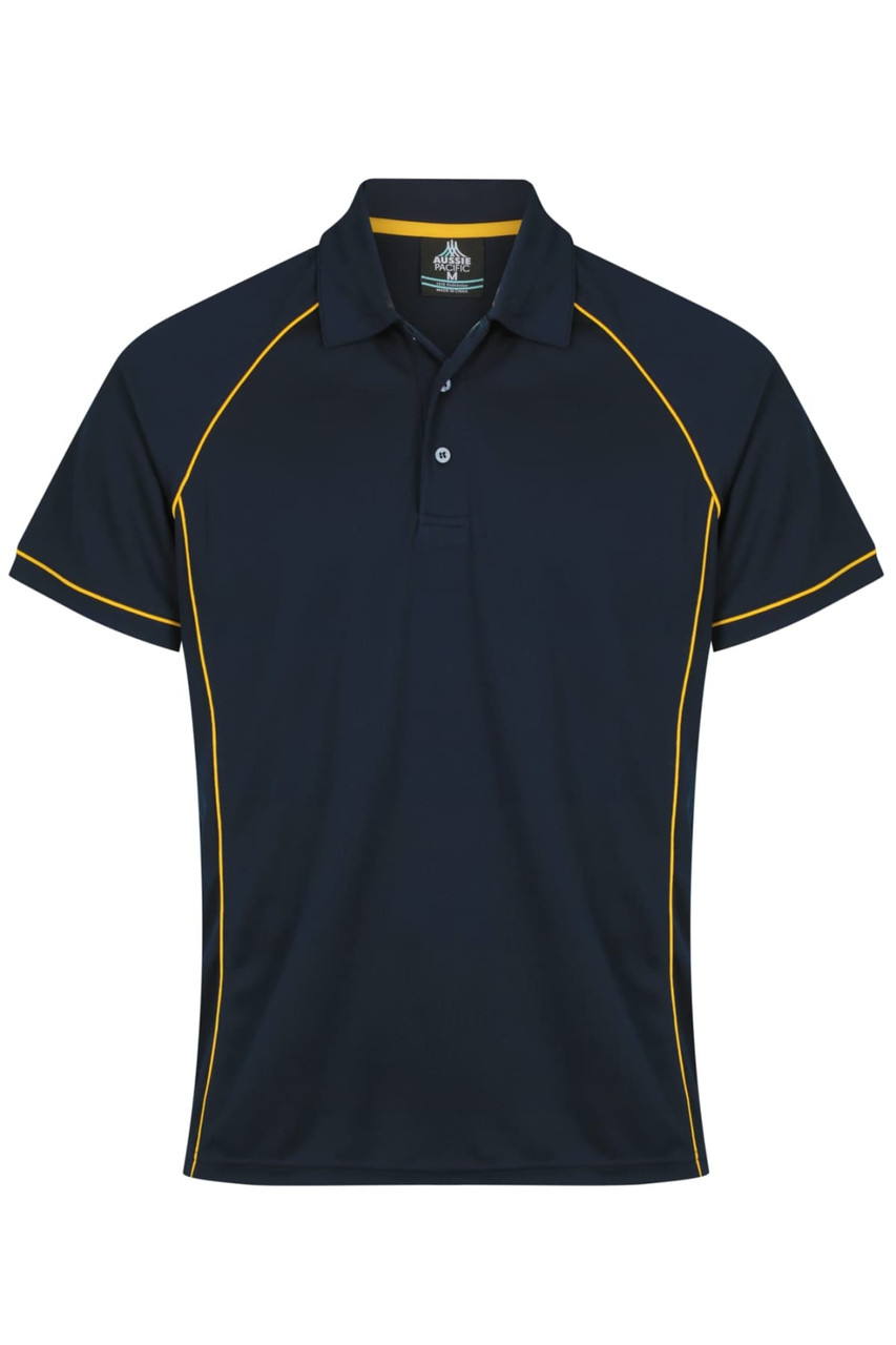 A navy polo shirt with yellow accents and a collar, featuring a logo on the chest.