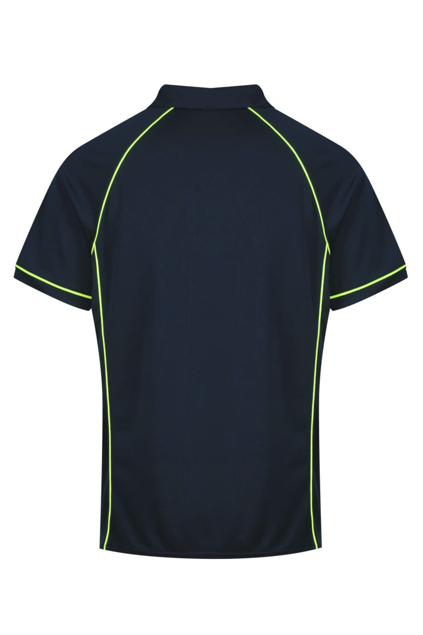 A navy polo shirt featuring contrasting neon trim and a logo. The back view highlights its sleek design.