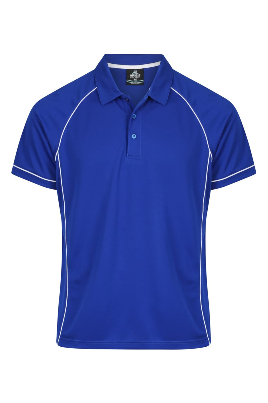 A blue polo shirt with white piping and a logo on the chest. Short sleeves and a collared neck design.