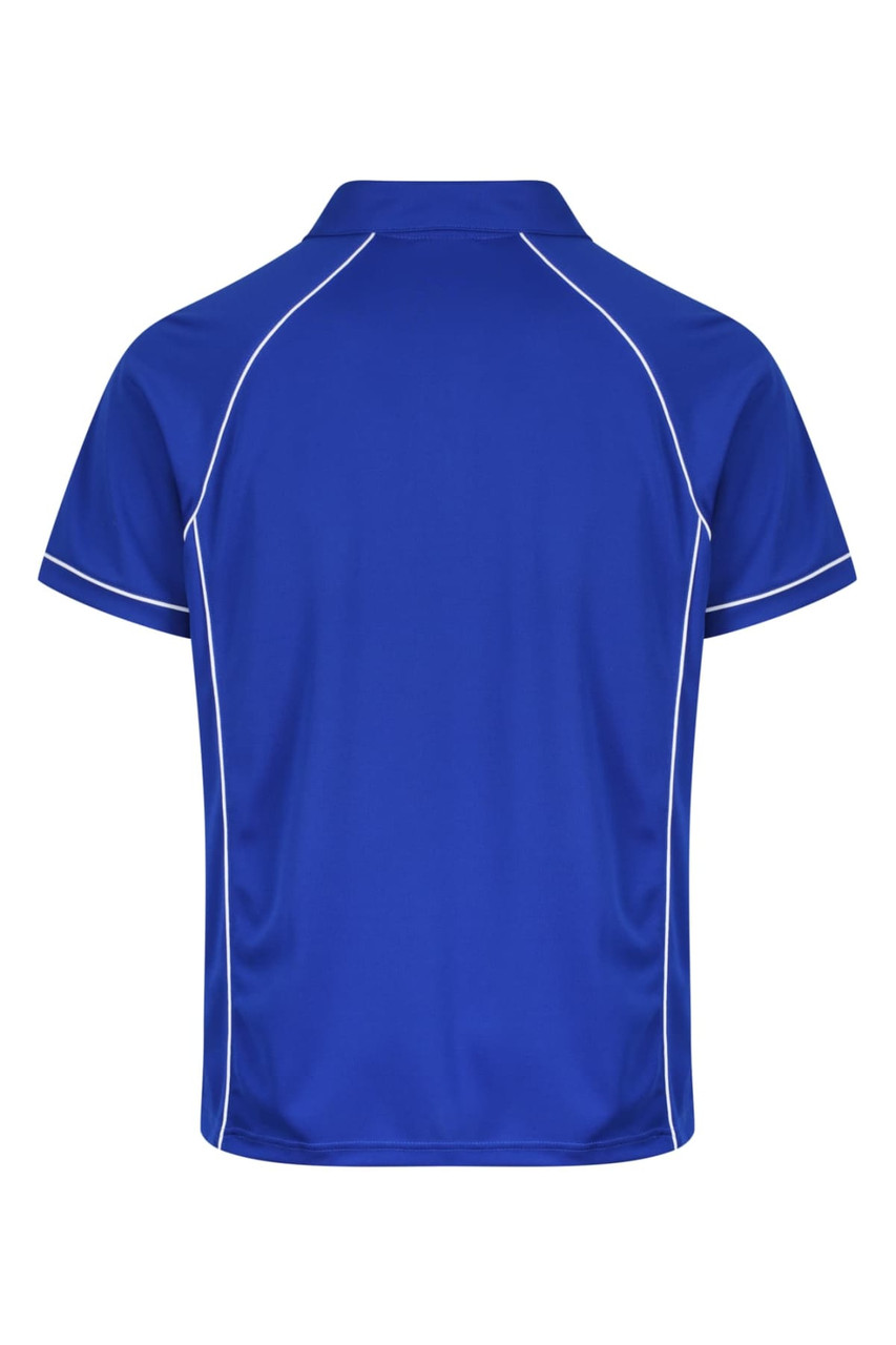 A blue polo shirt featuring white piping, showcasing a classic design suitable for casual or sporting wear.