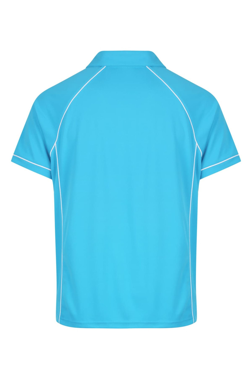 A light blue men's polo shirt featuring a collar and white piping details. It has a logo on the back.