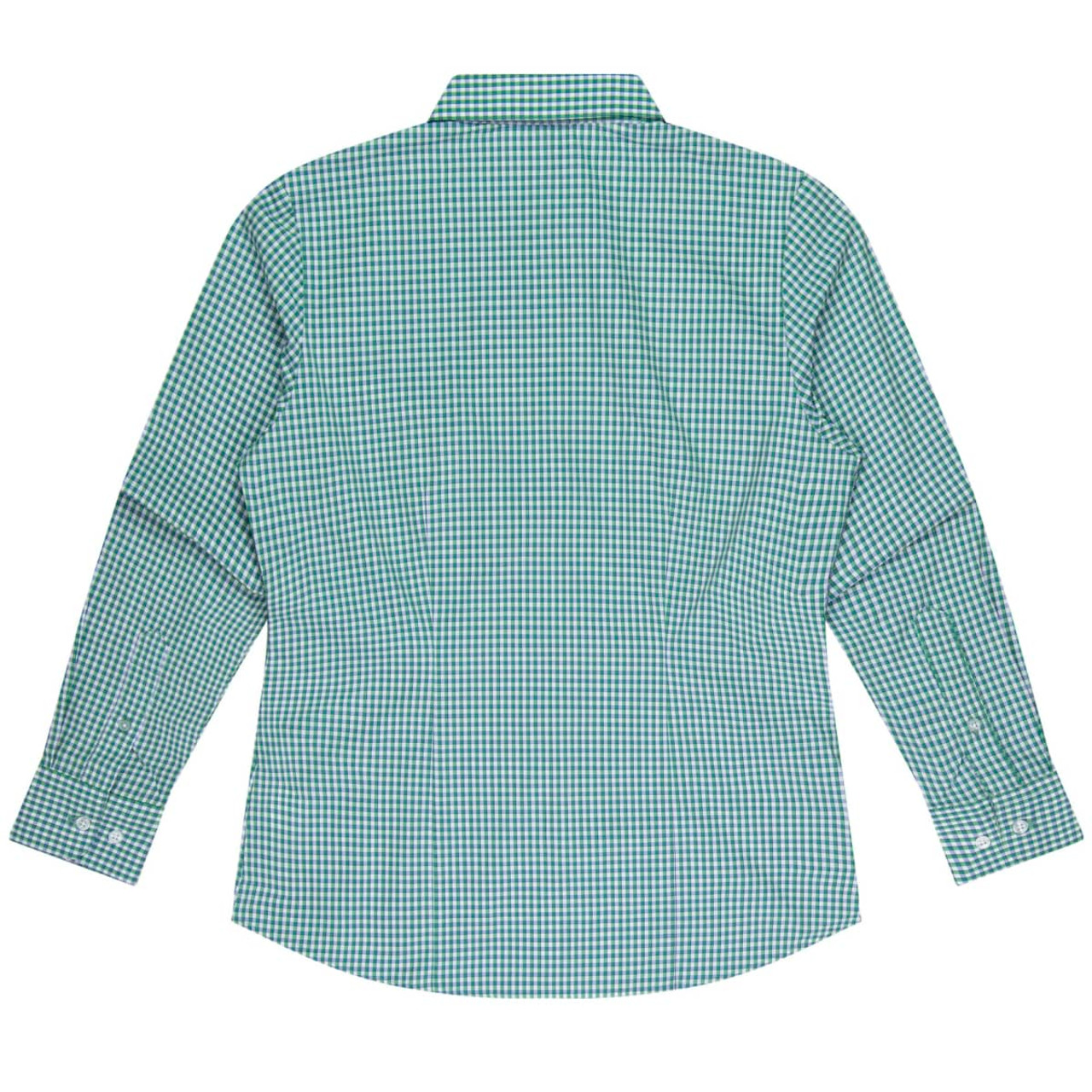 A long sleeve button-up shirt featuring a green checkered pattern, with a curved hem and cuffs.