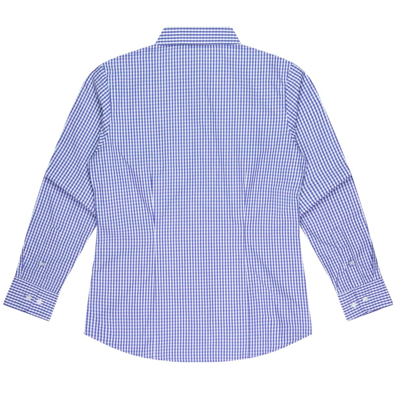 A long sleeve button-up shirt featuring a blue and white checkered pattern, with a collar and cuff details.