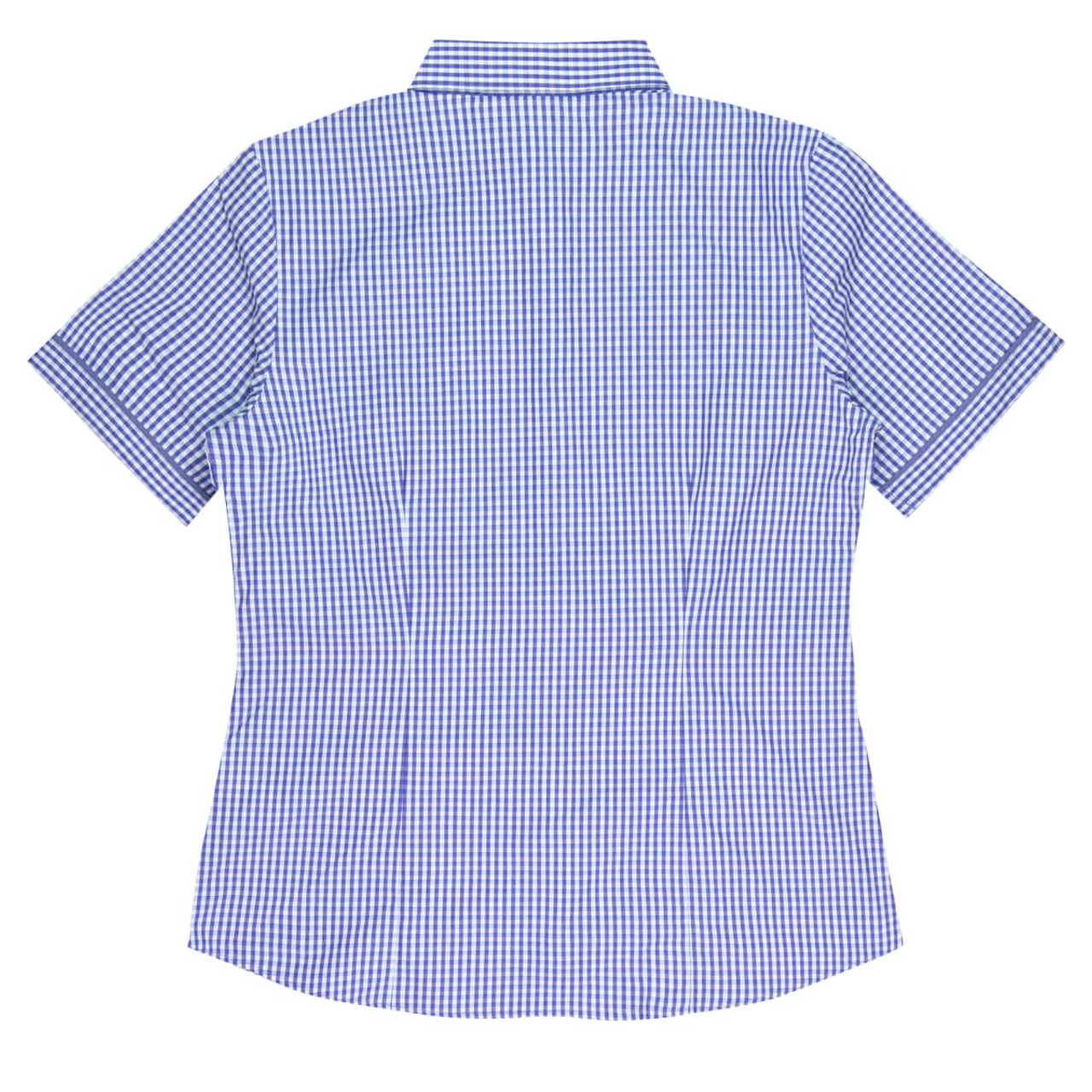 A short-sleeved blue and white checked button-up shirt with a collar and a logo.
