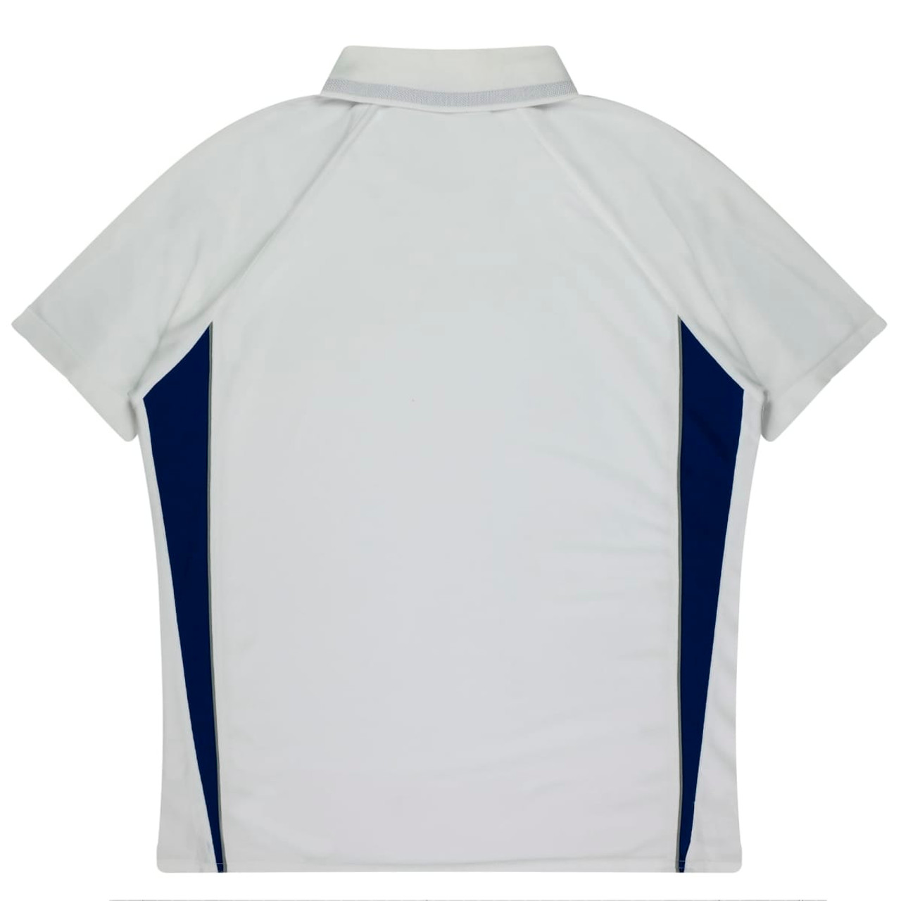 A white polo shirt featuring navy blue side panels and a collar, with a logo on the back.