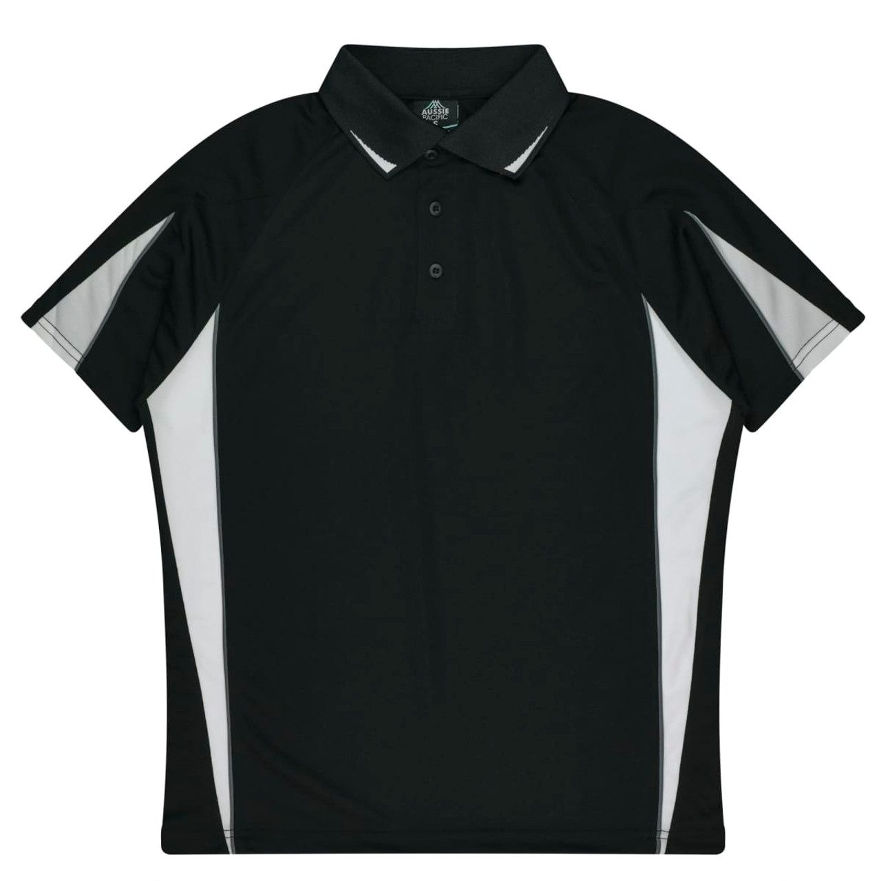 A black polo shirt with white accents and a collar, featuring a logo on the front.