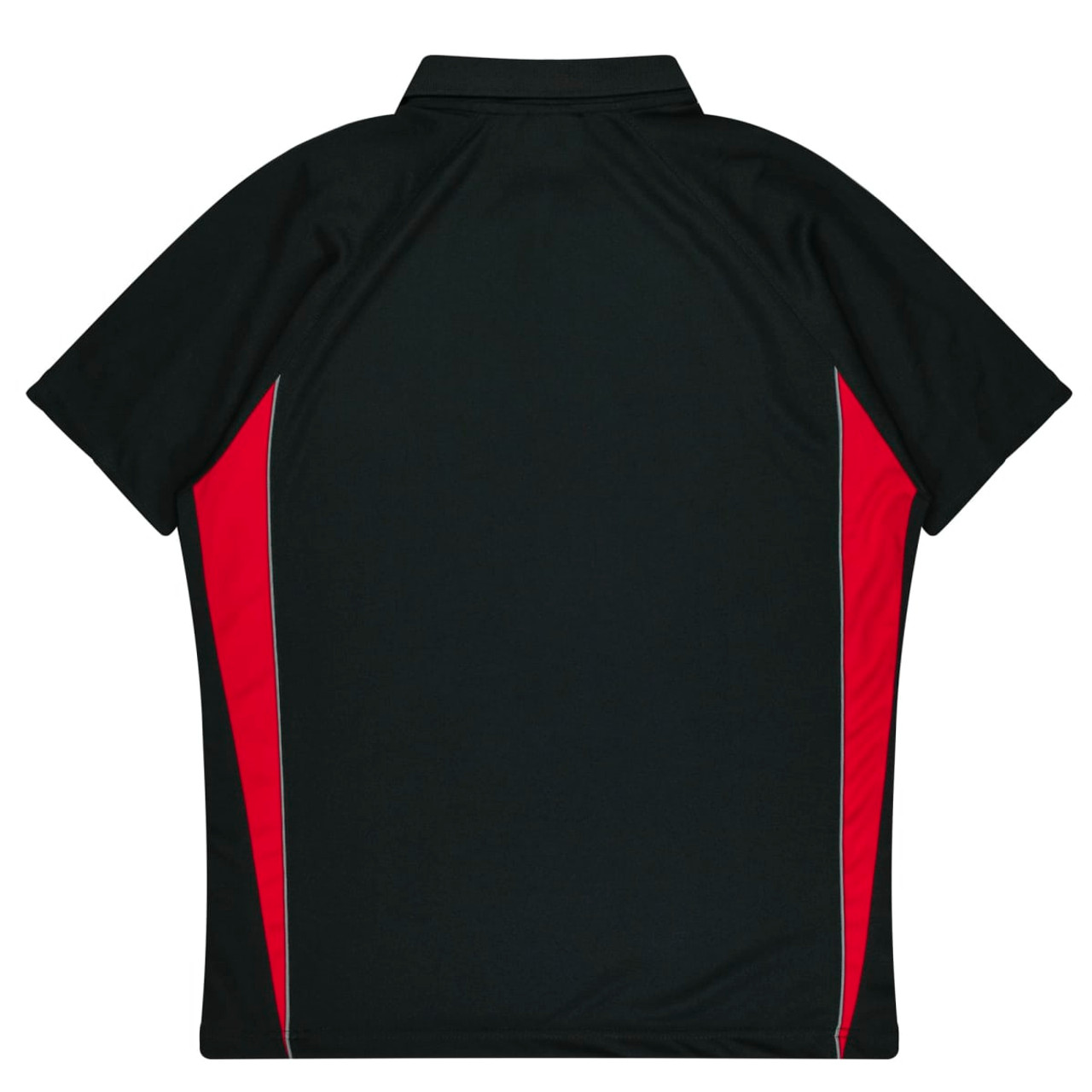 A black polo shirt with red side panels, featuring a collar and a logo.